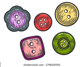 Set of five buttons. Apparel print design. Scratch board imitation. Color hand drawn image.