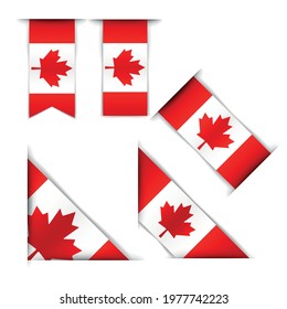 Set of five Canadian flags. Realistic flags of Canada isolated on white background. Corner, vertical and horizontal banners. Vector illustration.