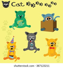 a set of five cartoon cats : on holiday , sleepy with a cup of coffee, in a box , a glutton  with sausages and a gentleman