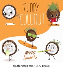 A set of five cartoon coconut characters with different emotions and musical instruments, and on a surfboard. For summer cafe, summer sale, birthday. Children concept.