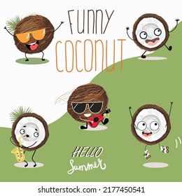 A set of five cartoon coconut characters with different musical instruments and emotions, on roller skates, wearing glasses. For summer cafe, summer sale, birthday. Children concept.