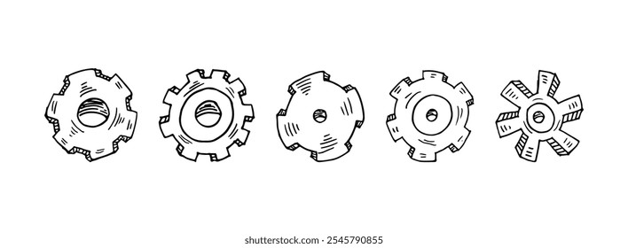 Set von fünf Cartoon-Doodle handgezeichnete Zahnräder in verschiedenen Formen.