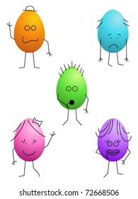 Set of five cartoon easter eggs with various expressions