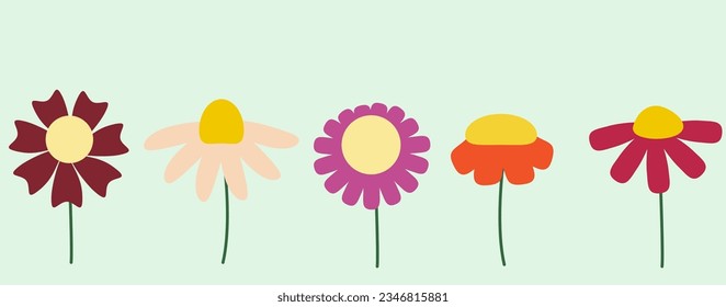 Set of five cartoon flowers with brightly colored petals. Vector illustration for cover design, postcard, children's clothes design