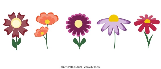 Conjunto de cinco flores de dibujos animados para postal, Anuncio, cubierta, diseño de tela