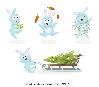 Set of five cartoon hares, decoration, Christmas, vector, holidays