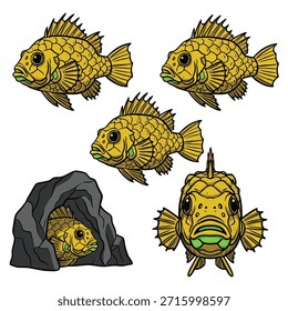 A set of five cartoon-style illustrations featuring yellow fish, including one peeking from a cave and a front-facing view.