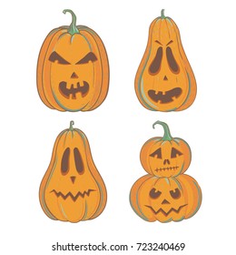Set of five carved pumpkins for Halloween. Vector illustration with jack-o-lanterns isolated on white.
