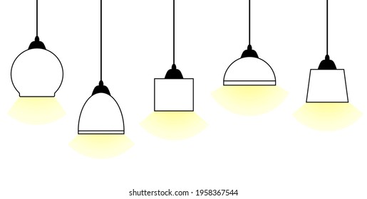 A set of five ceiling lamps with light. Vector illustration.