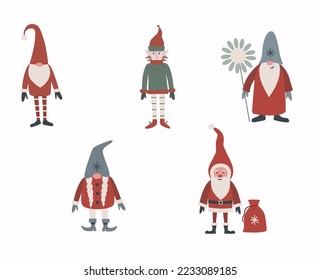 
Set of five characters. Santa Claus, Gnomes and Elf.