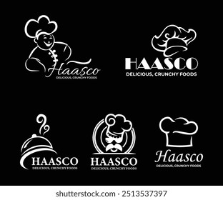 Um conjunto de cinco logotipos com tema de chef, perfeito para marcas de alimentos, com desenhos divertidos e elegantes. Ideal para restaurantes e serviços de catering.