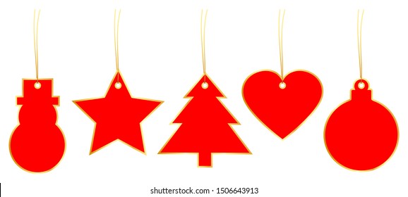 Set Of Five Christmas Hangtags Red With Golden Frame