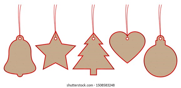 Set Of Five Christmas Labels With Brown Paper And Red Border