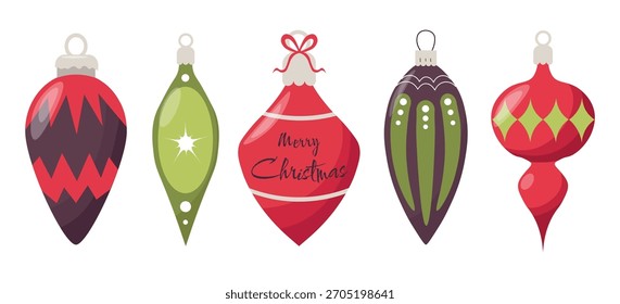 Set of five Christmas ornaments featuring bold shapes and festive patterns in red, green, and purple, including text, stripes, stars, and dot designs