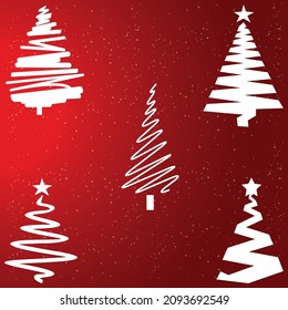 Set of five Christmas trees white with red background