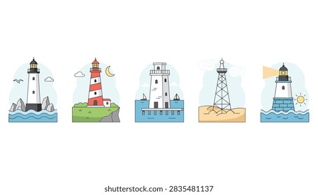 Set of five coastal lighthouses in different landscape designs including rocky shore, grassy hill, and wooden pier.