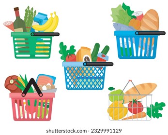 set of five color images with customer baskets full of goods and food