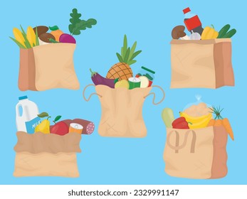 set of five color images of packages with fruits, vegetables and other food