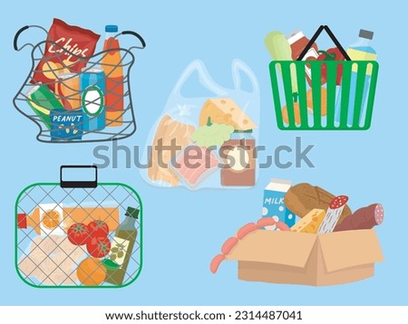 set of five color images of various store bags, baskets and packeges with food goods