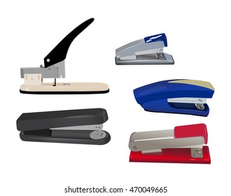 Set of  five color paper staplers isolated on white