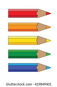 Set of five colored pencils on white background. Vector illustration.