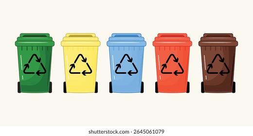 Conjunto de cinco lixeiras coloridas com símbolos de reciclagem preto, verde, amarelo, azul, vermelho, marrom, conceito de classificação de resíduos