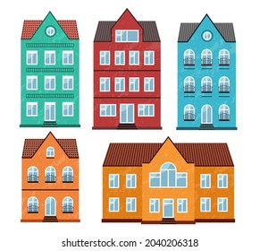 Un conjunto de cinco casas de dos y tres pisos de color. Cabañas de estilo plano. Ilustración vectorial.