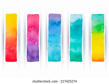 Set of five colored watercolor banners. Vector illustration.