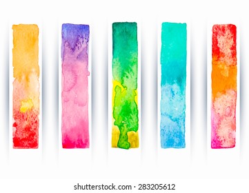 Set of five colored watercolor banners. Vector illustration.