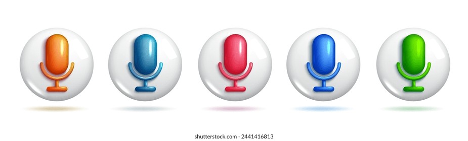 A set of five colorful, 3D microphones in various styles on a white background. 3d Set of vector Icons.