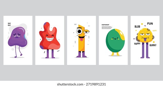 Set of five colorful abstract character posters with quirky expressions and fluid organic shapes in modern minimalist style
