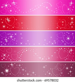 set of five colorful banner with hearts and sparkles