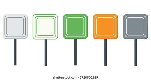 Un conjunto de cinco coloridos carteles cuadrados en blanco con bordes blancos, ideales para mostrar mensajes personalizados o símbolos. Esta Ilustración vectorial minimalista presenta signos grises, blancos, verdes, naranjas y azules en los postes negros para un uso versátil del diseño.