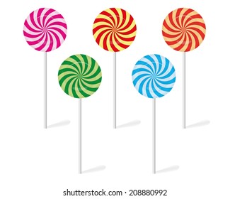 Set of five colorful candy lollipops. Isolated objects