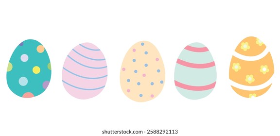 A set of five colorful decorated Easter eggs on a white background. Great for holiday designs, banners, and greeting cards.	
