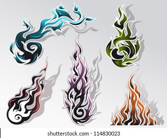 Set of five colorful fire decorative elements.