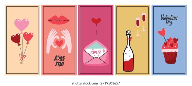 Un conjunto de cinco coloridas ilustraciones de Tarjeta de regalo para el día de San Valentín, cada una con un diseño y símbolo único.