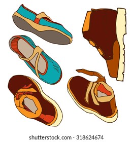 Set of five colorful hand drawn boots. summer shoes and leather boots. vector illustration