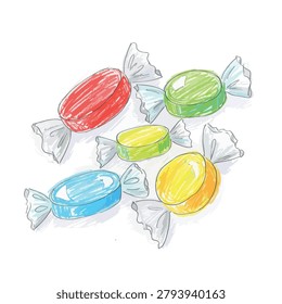 A set of five colorful hard candies wrapped in transparent foil hand drawn in a sketch style isolated on a white background