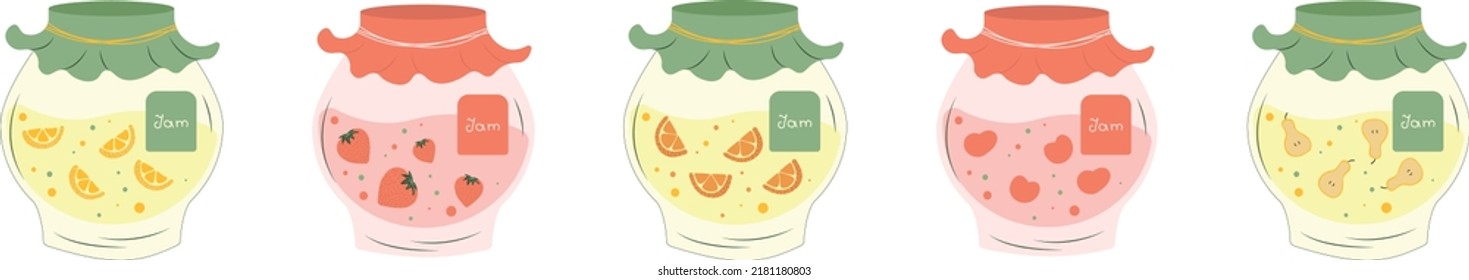 Set of five colorful homemade jams in flat style. fresh fruit and berry jams in glass jars. Elements are isolated.