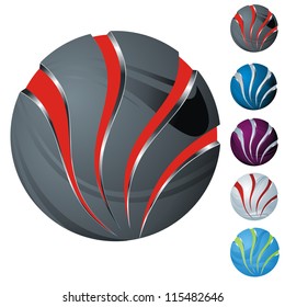 set of five colorful icons with abstract technical sphere, isolated on white