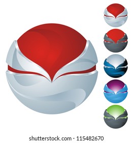 set of five colorful icons with abstract technical sphere, isolated on white