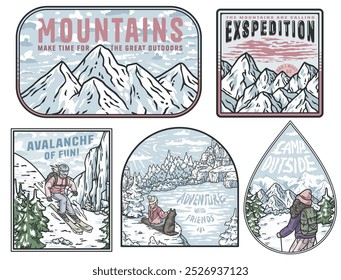 Set of five colorful logos with snowy mountains, pine trees and people enjoying winter holidays, skiing, hiking and camping