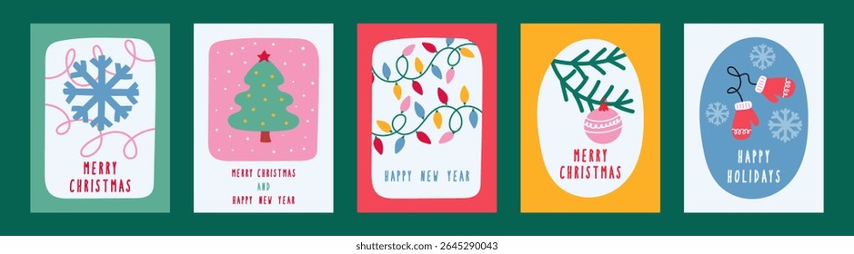 Set of five colorful Merry Christmas and Happy New Year greeting card designs to celebrate winter holidays, simple illustration style. Vector.