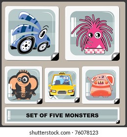 Set of five colorful monsters
