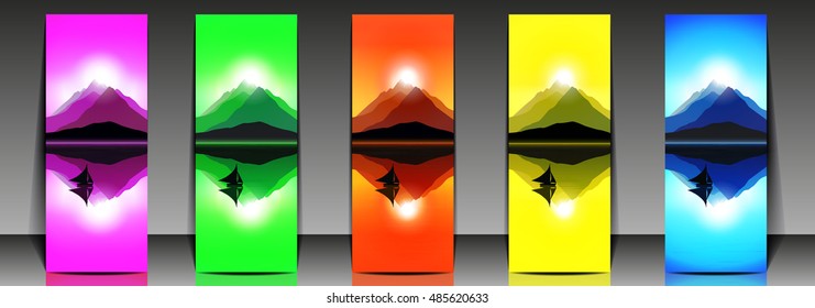 Set of five colorful mountain landscape flyers with seven peaks(volcano) and floating ship in ocean.  