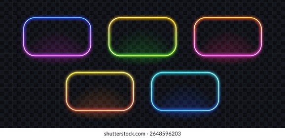 Conjunto de cinco quadros coloridos de néon com cantos arredondados. Banner luminoso futurista para design. Design de luz digital para placa.