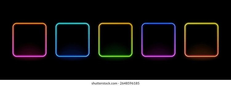 Set of five colorful neon glowing rectangular frames on black background. Bright abstract light box for text layout.