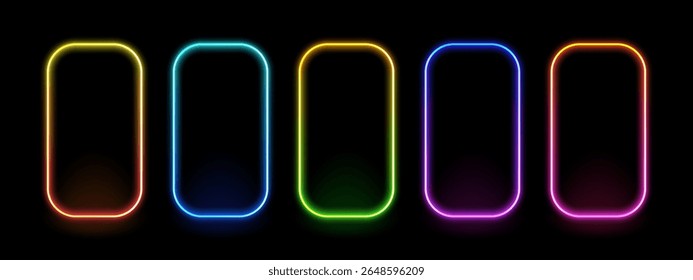 Set of five colorful neon gradient rounded rectangle frames glowing on dark background. Vibrant light border for sign display.