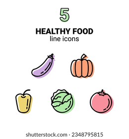 Set of five colorful outline Healthy Food icons, vegetable symbols, vector pictograms, logos, outline drawings, eggplant, pumpkin, cabbage, pepper and tomato.